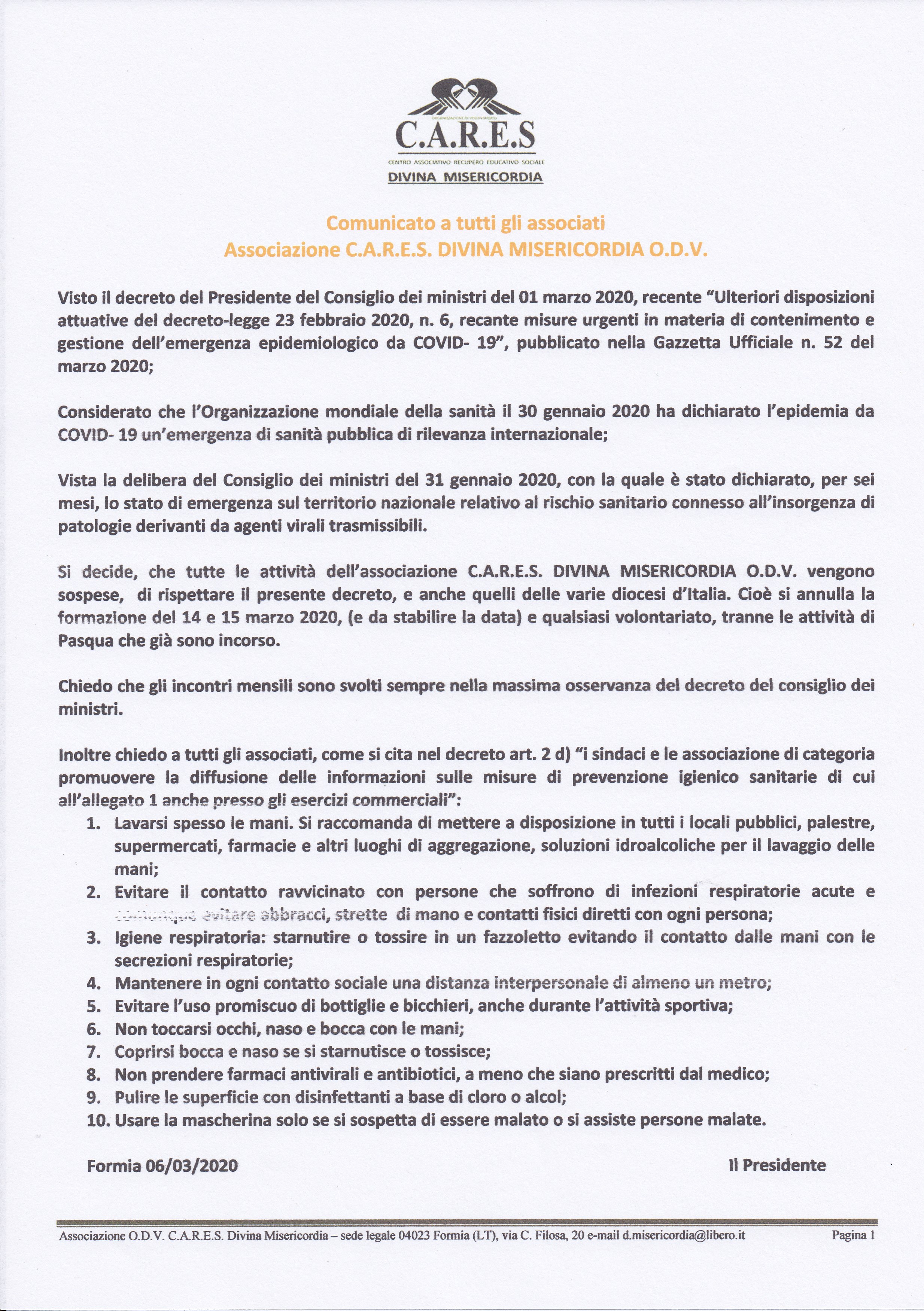 Comunicato Stampa Cares Divina Misericordia